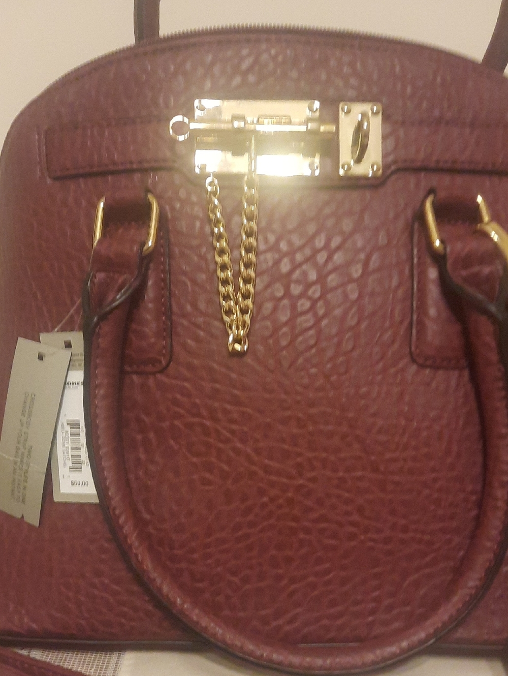 Structured Satchel Handbag in Deep Burgundy with Gold Chain Accent